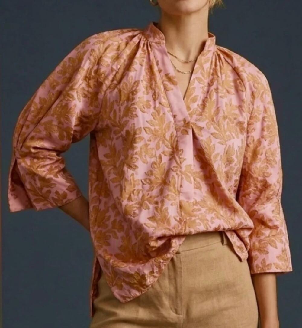 Anthropologie 3/4 Sleeve Floral Leaf Print Embroidered Blouse Top Pink Medium